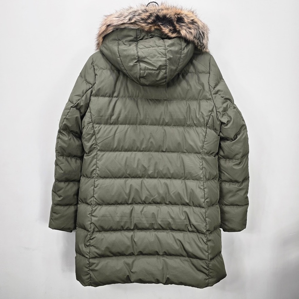 Lands End Down Puffer Coat Jacket M Olive Green Faux Fur Hood Winter Snow Parka - Picture 5 of 16